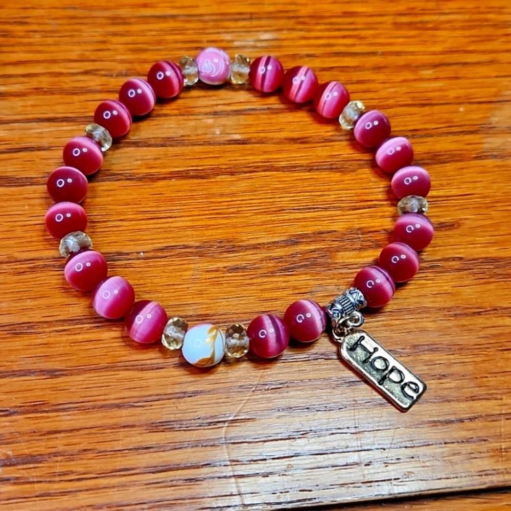 NWT Captivating Pink Cat Eye and Porcelain HOPE Stretch Bracelet